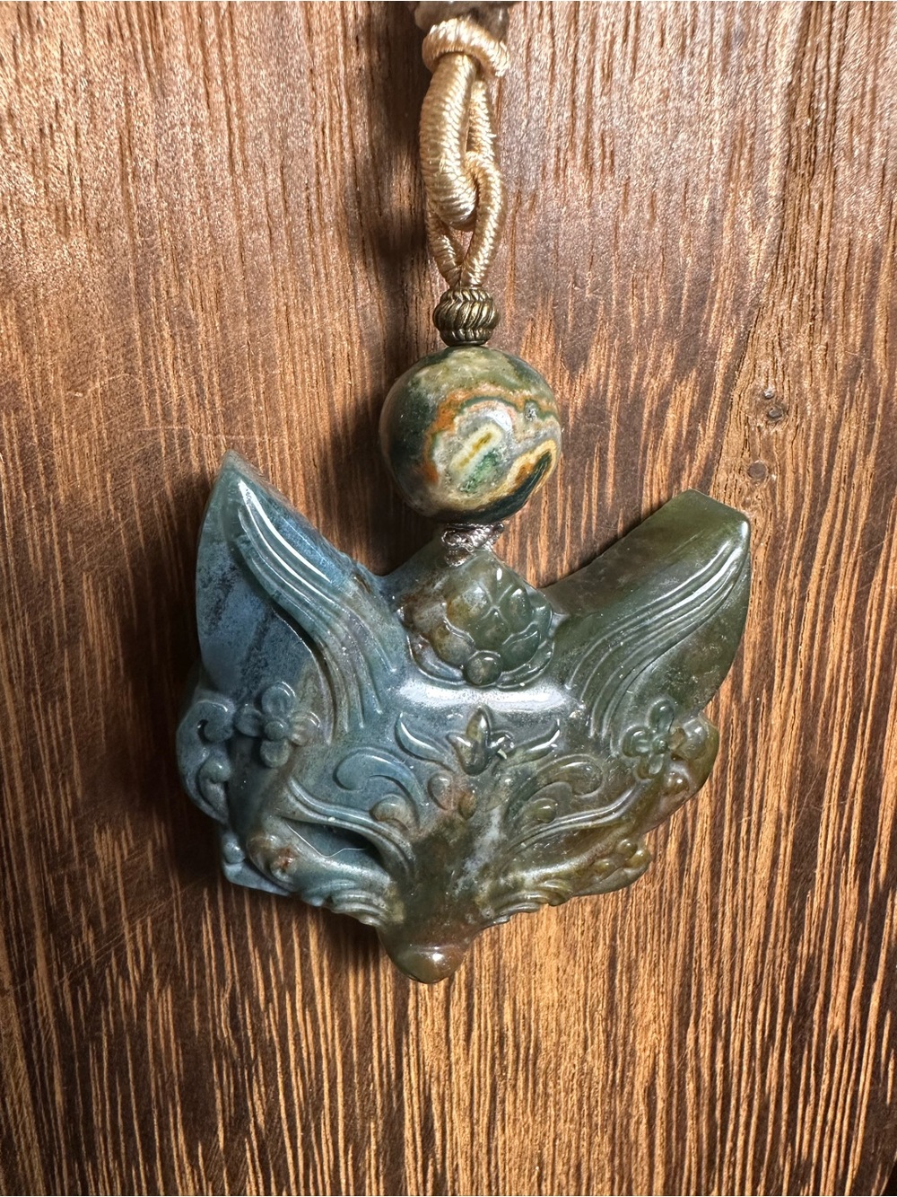Green and Blue Ocean Jasper Fox Mask Pendant Necklace on Tan Rope